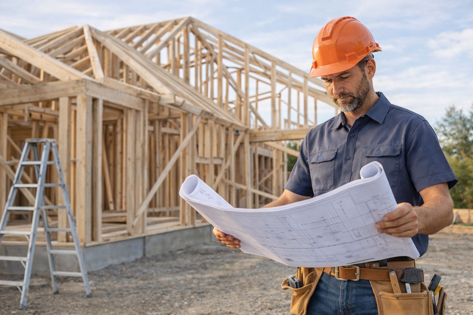 Builder reviewing house blueprints at a construction job site