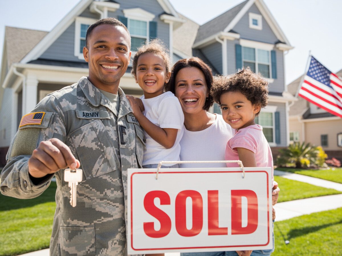Army veteran in uniform with his wife and two children holding a sold sign in front of their new home